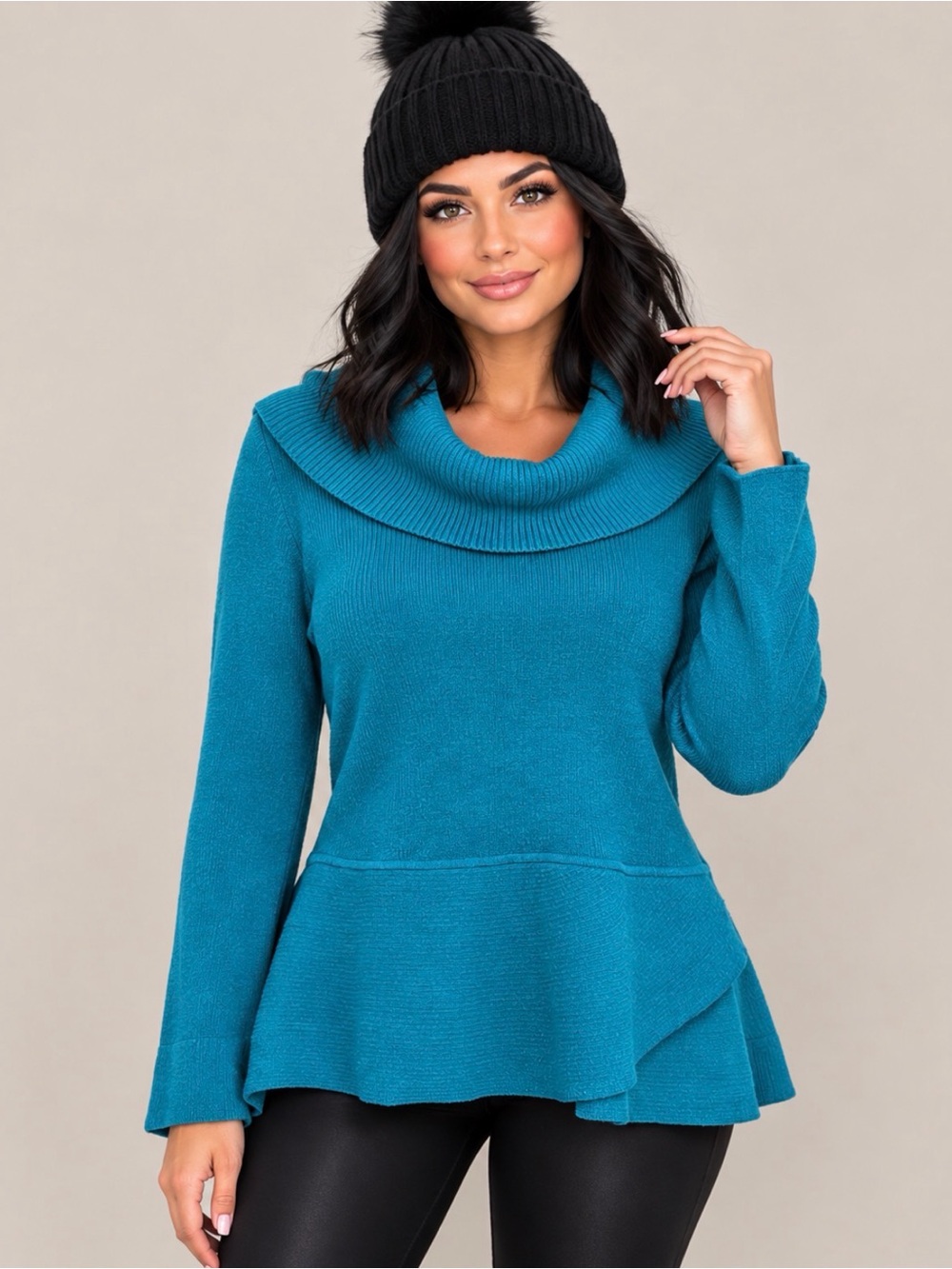 White House Black Market Wool Blend Cowl Neck Peplum Sweater In Turquoise Size M